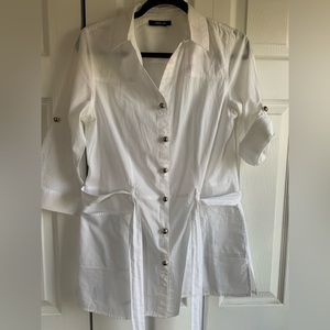 Style & Co. | M | white blouse, button front long sleeves with tie back & belt